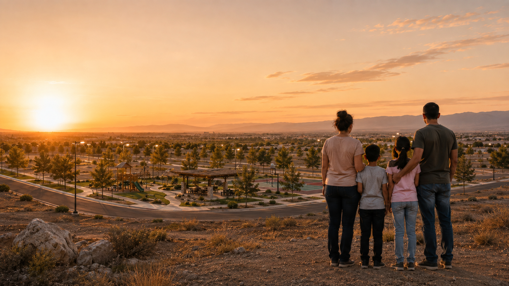 Familia mexicana contemplando al atardecer el desarrollo Cumbres del Valle en Mexicali, con áreas verdes, juegos infantiles y pérgola